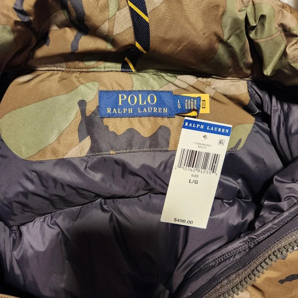 Polo Ralph Lauren Camo Boulder Down Puffer Jacket Men L Leather Trim Hooded NWOT